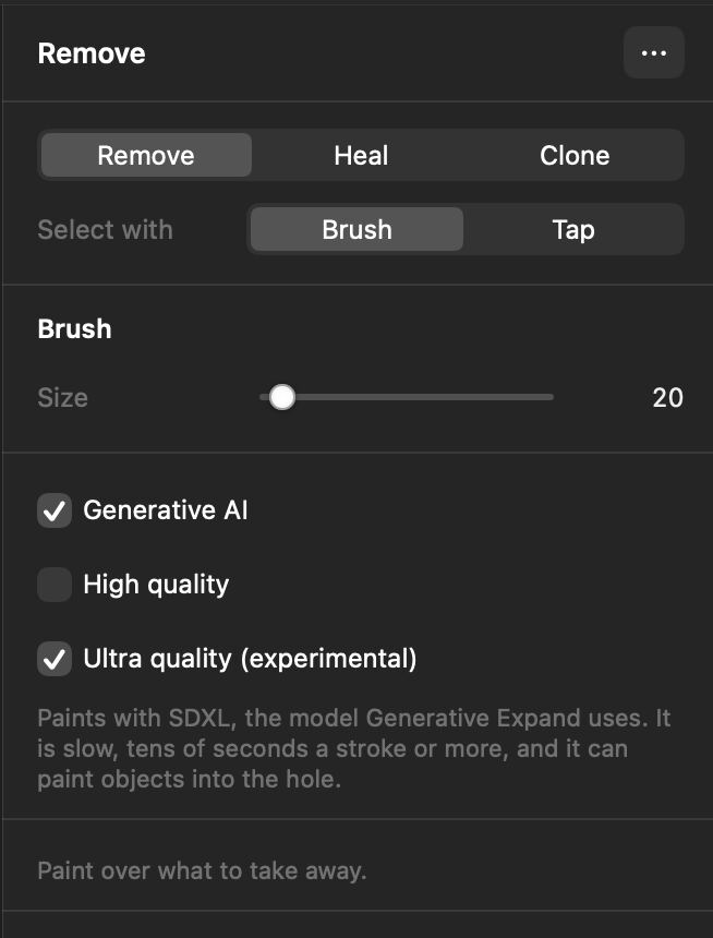 El tauler Remove: Remove, Heal i Clone, la mida del pinzell i les opcions d'emplenament generatiu
