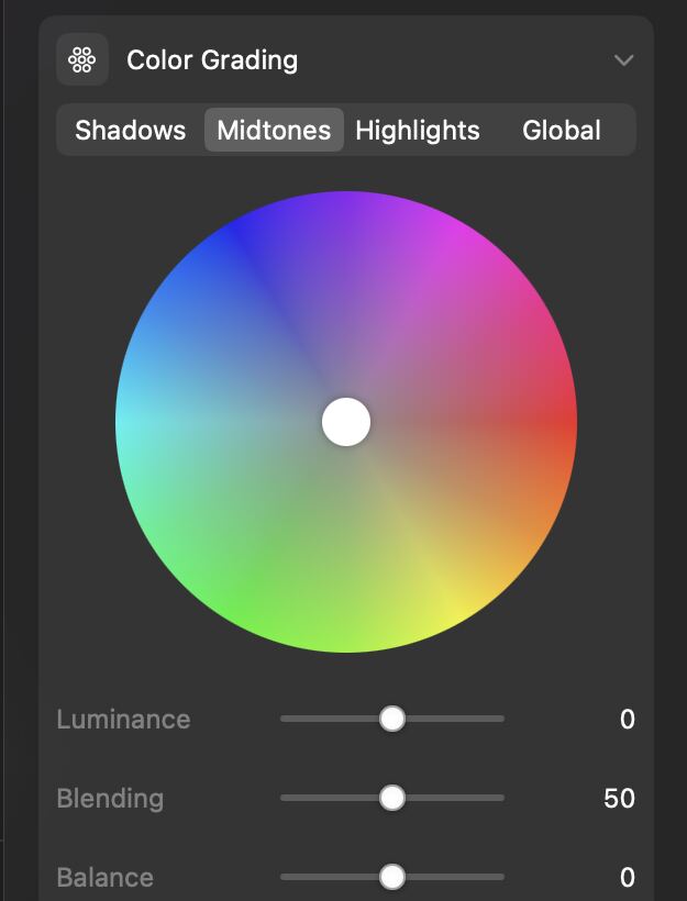 La roda de Color Grading, amb ombres, tons mitjans, llums i global