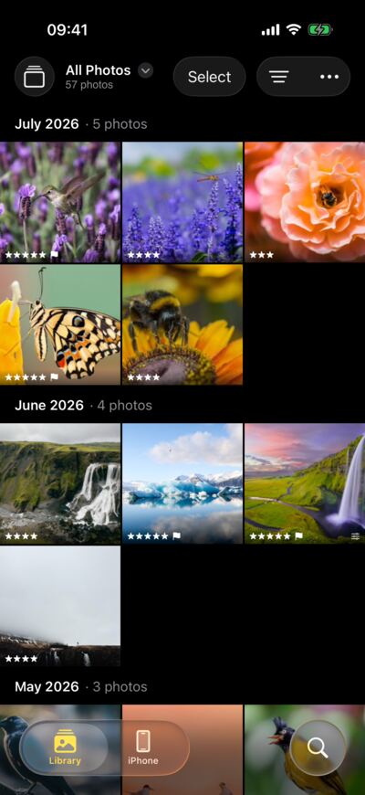LightBites on an iPhone: All Photos by month, with ratings and picks