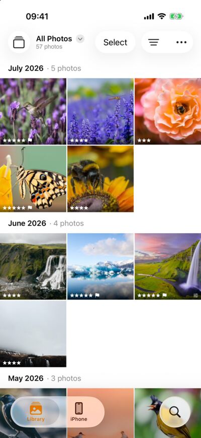 LightBites on an iPhone: All Photos by month, with ratings and picks