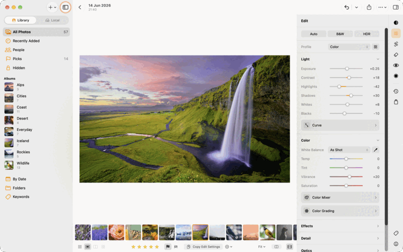 LightBites on a Mac: a photo of Seljalandsfoss in Develop, with the Light and Color sliders beside it