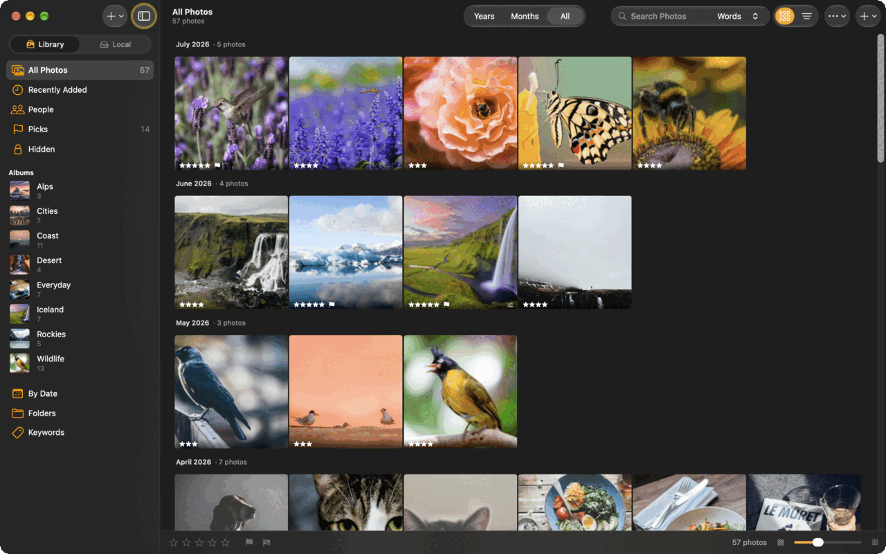 The library on a Mac: albums in the sidebar, All Photos by month with ratings and picks