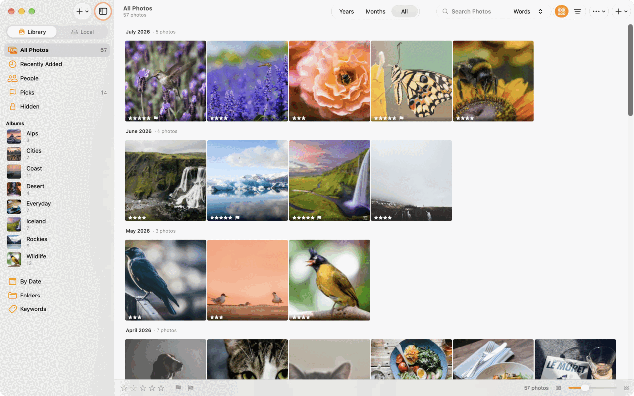 The library on a Mac: albums in the sidebar, All Photos by month with ratings and picks